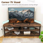 Meuble TV d'angle Costway pour téléviseurs jusqu'à 65 pouces, table console TV avec prises CA et ports USB A, marron rustique/noir/blanc