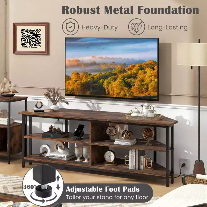 Meuble TV d'angle Costway pour téléviseurs jusqu'à 65 pouces, table console TV avec prises CA et ports USB A, marron rustique/noir/blanc