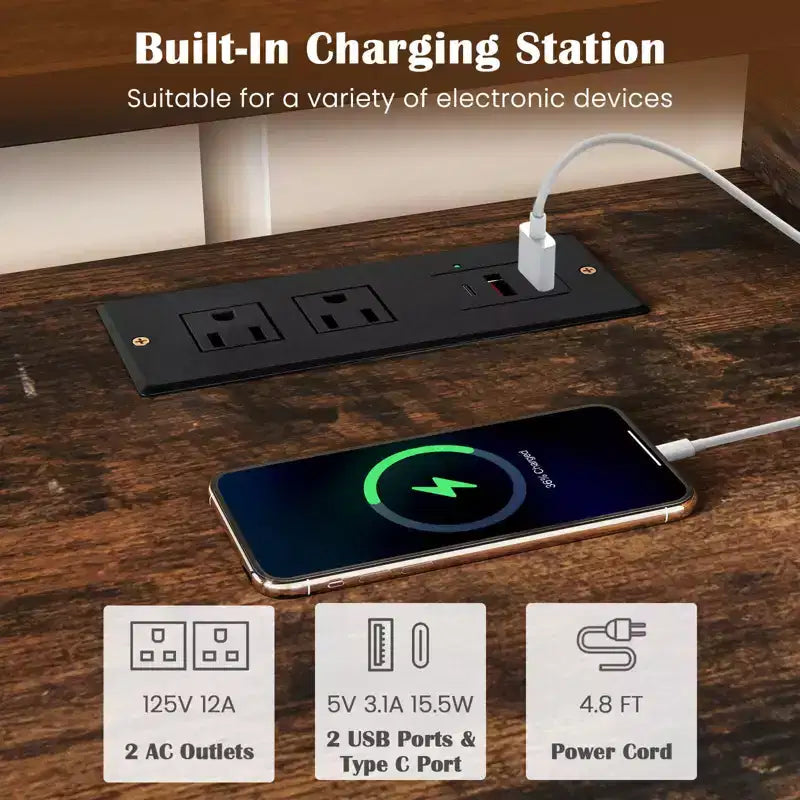 Meuble TV d'angle Costway pour téléviseurs jusqu'à 65 pouces, table console TV avec prises CA et ports USB A, marron rustique/noir/blanc