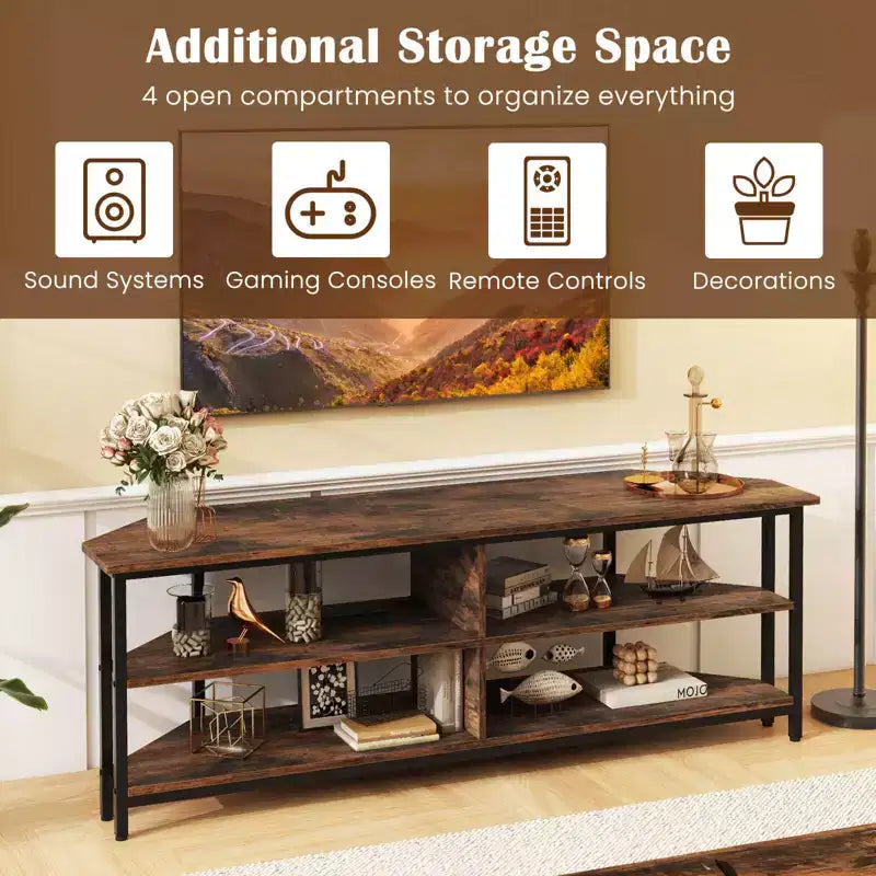Meuble TV d'angle Costway pour téléviseurs jusqu'à 65 pouces, table console TV avec prises CA et ports USB A, marron rustique/noir/blanc