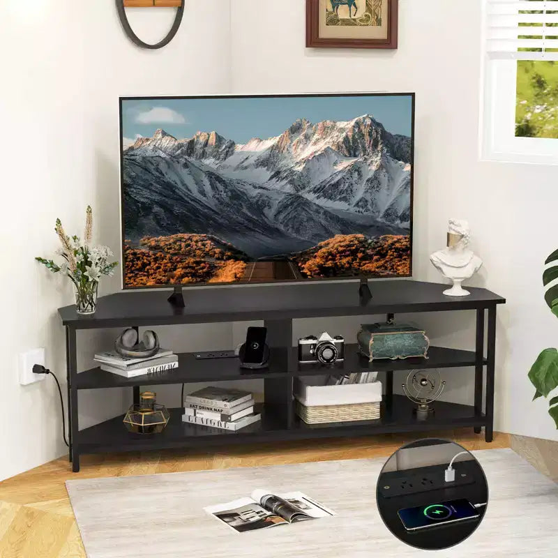 Meuble TV d'angle Costway pour téléviseurs jusqu'à 65 pouces, table console TV avec prises CA et ports USB A, marron rustique/noir/blanc