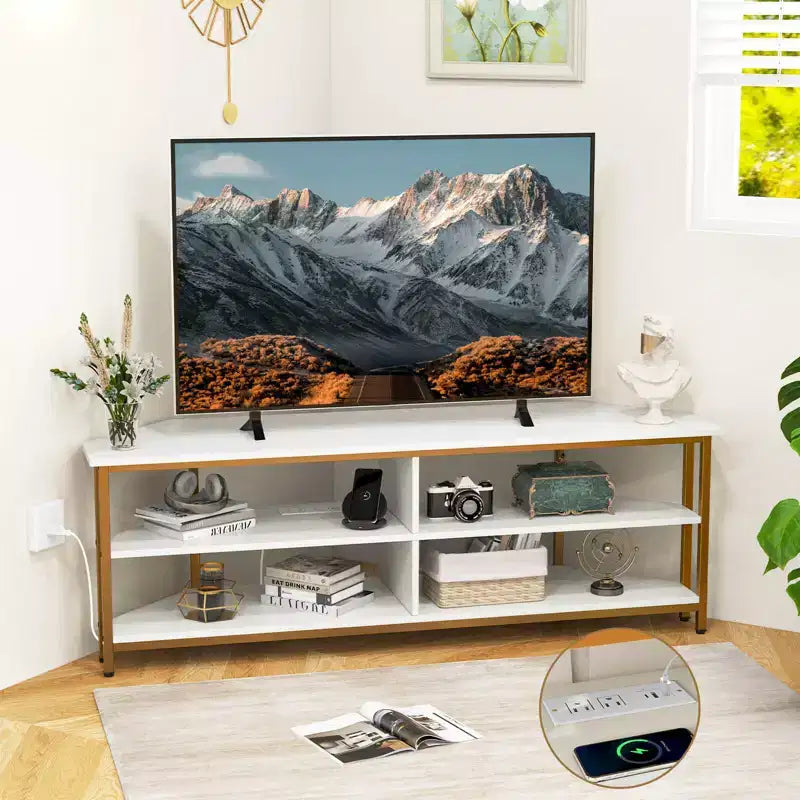 Meuble TV d'angle Costway pour téléviseurs jusqu'à 65 pouces, table console TV avec prises CA et ports USB A, marron rustique/noir/blanc