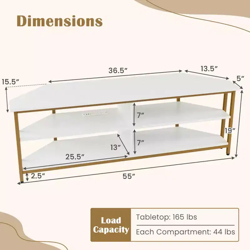Meuble TV d'angle Costway pour téléviseurs jusqu'à 65 pouces, table console TV avec prises CA et ports USB A, marron rustique/noir/blanc