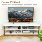Meuble TV d'angle Costway pour téléviseurs jusqu'à 65 pouces, table console TV avec prises CA et ports USB A, marron rustique/noir/blanc