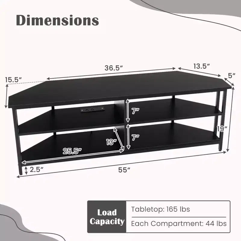 Meuble TV d'angle Costway pour téléviseurs jusqu'à 65 pouces, table console TV avec prises CA et ports USB A, marron rustique/noir/blanc