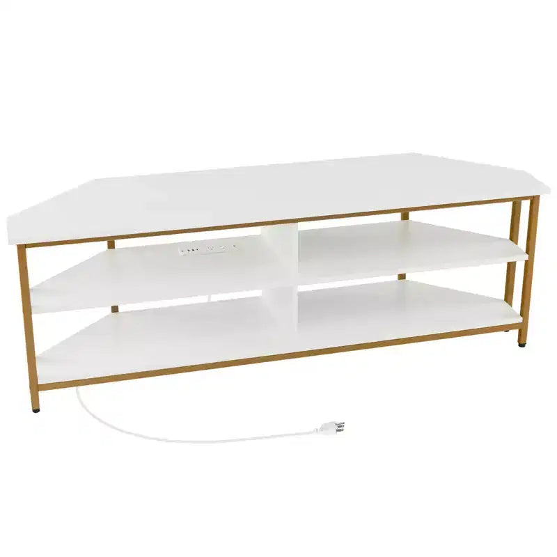 Meuble TV d'angle Costway pour téléviseurs jusqu'à 65 pouces, table console TV avec prises CA et ports USB A, marron rustique/noir/blanc