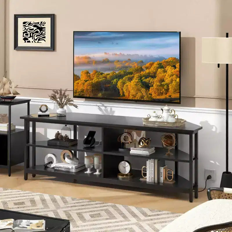 Meuble TV d'angle Costway pour téléviseurs jusqu'à 65 pouces, table console TV avec prises CA et ports USB A, marron rustique/noir/blanc