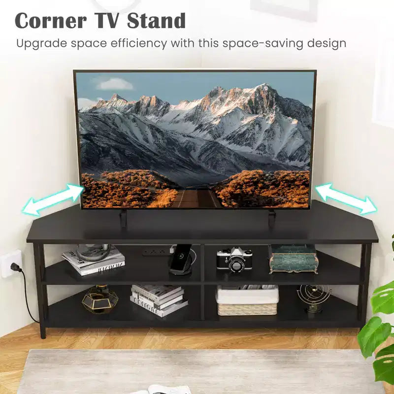 Meuble TV d'angle Costway pour téléviseurs jusqu'à 65 pouces, table console TV avec prises CA et ports USB A, marron rustique/noir/blanc