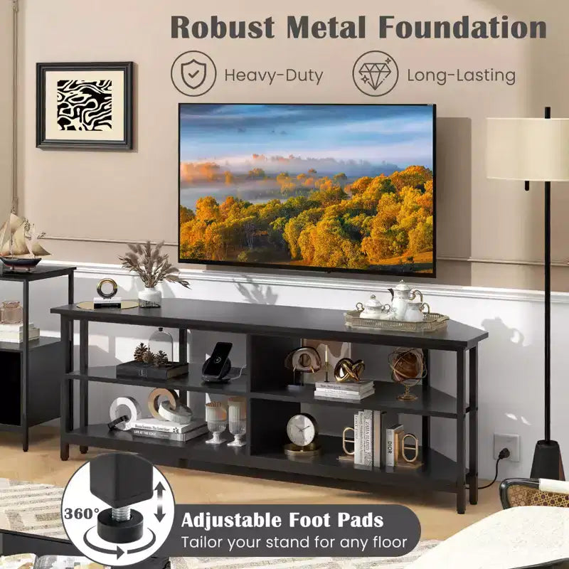Meuble TV d'angle Costway pour téléviseurs jusqu'à 65 pouces, table console TV avec prises CA et ports USB A, marron rustique/noir/blanc