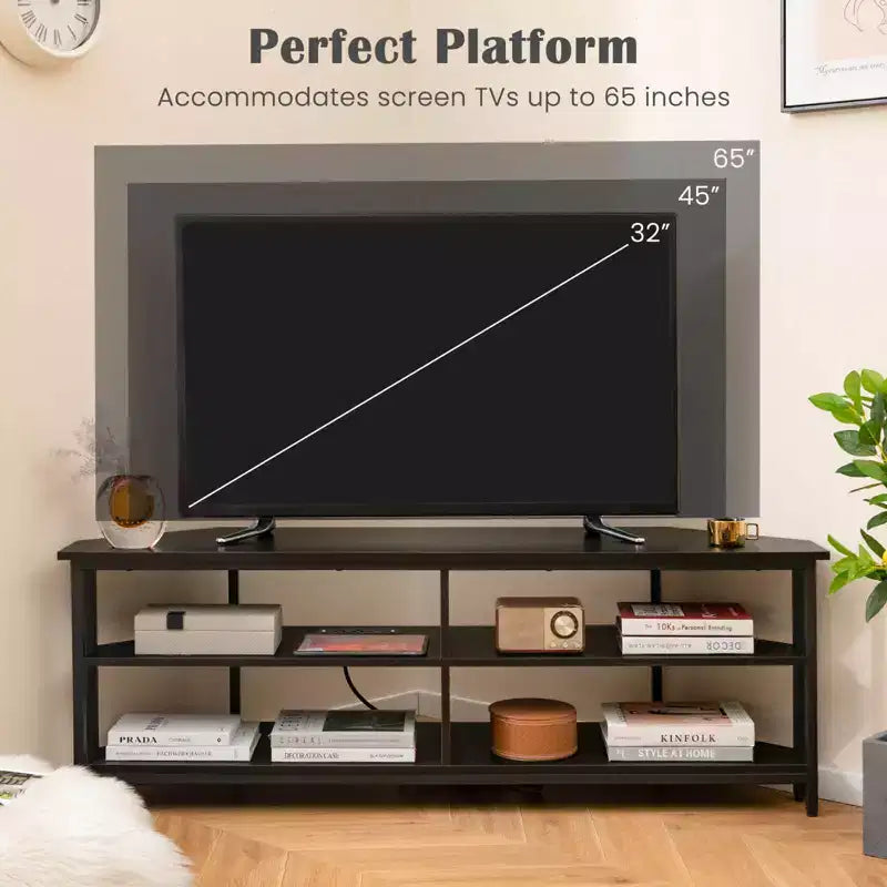Meuble TV d'angle Costway pour téléviseurs jusqu'à 65 pouces, table console TV avec prises CA et ports USB A, marron rustique/noir/blanc