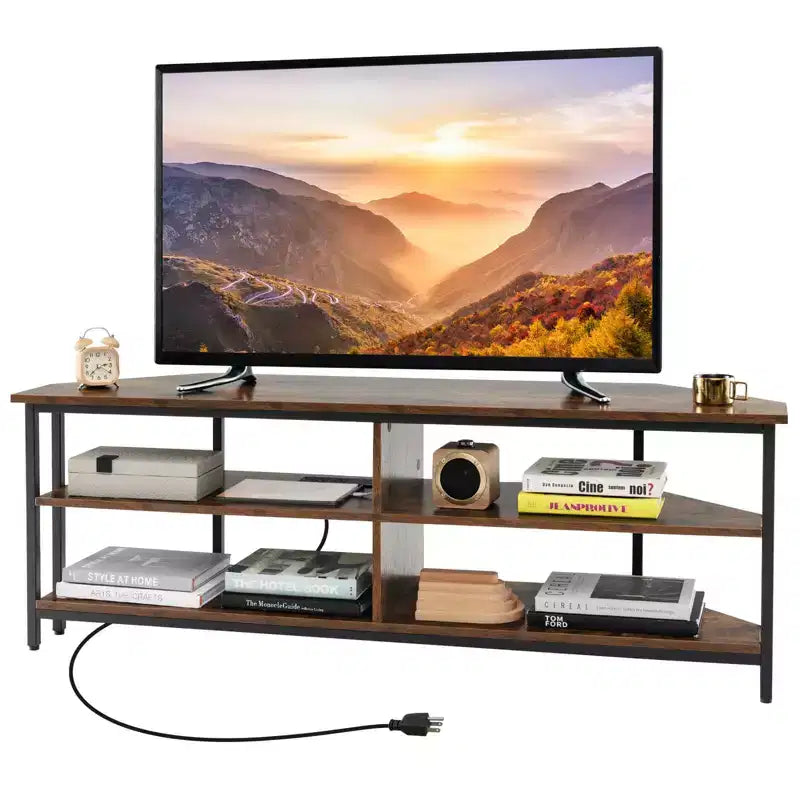 Meuble TV d'angle Costway pour téléviseurs jusqu'à 65 pouces, table console TV avec prises CA et ports USB A, marron rustique/noir/blanc
