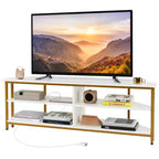 Meuble TV d'angle Costway pour téléviseurs jusqu'à 65 pouces, table console TV avec prises CA et ports USB A, marron rustique/noir/blanc