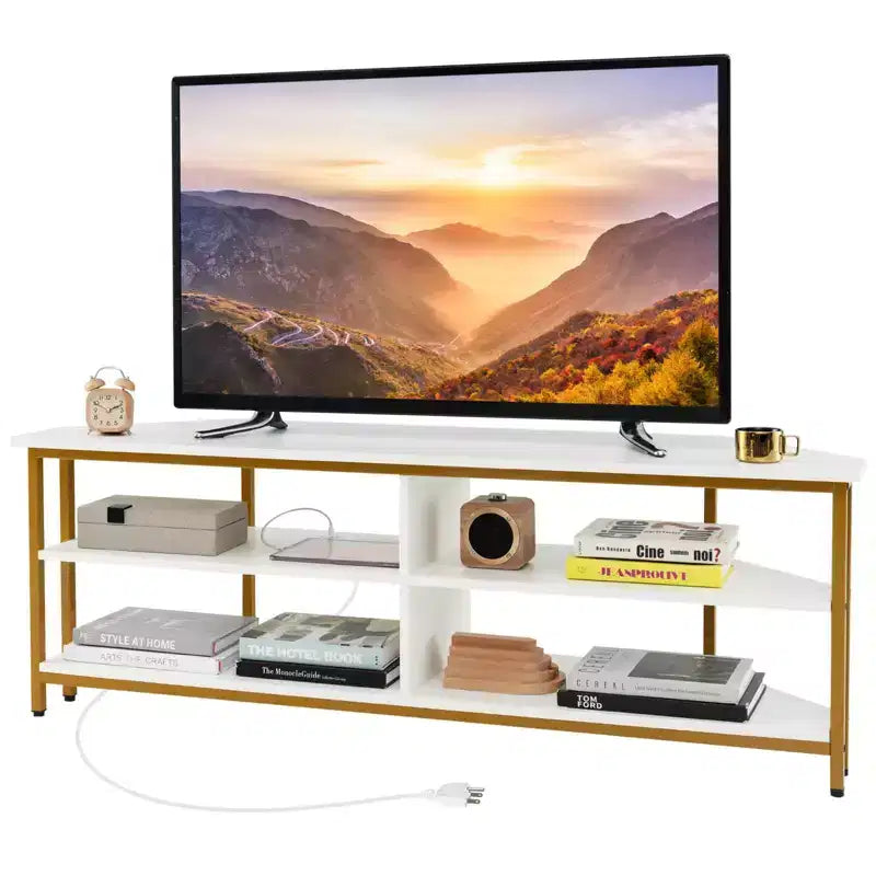 Meuble TV d'angle Costway pour téléviseurs jusqu'à 65 pouces, table console TV avec prises CA et ports USB A, marron rustique/noir/blanc