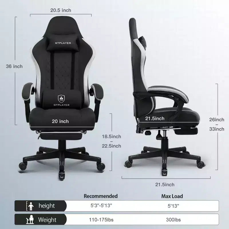 Chaise de jeu GTPLAYER, chaise de bureau en tissu avec accoudoirs liés, chaise d'ordinateur ergonomique