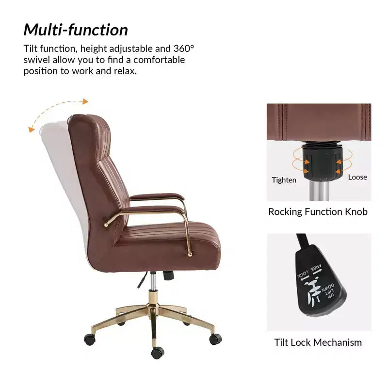 Siège de bureau pivotant et inclinable en cuir moderne Siivio avec capitonnage en canaux | HULALA??HOME