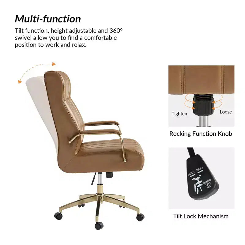 Siège de bureau pivotant et inclinable en cuir moderne Siivio avec capitonnage en canaux | HULALA??HOME