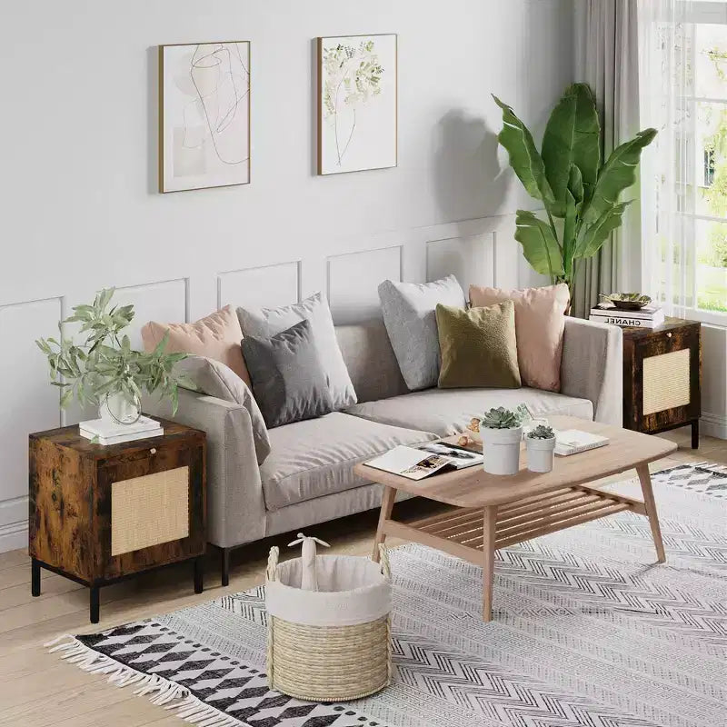 Table d'appoint en rotin Whizmax, table de chevet en bois avec plateau pour le salon, table d'appoint avec étagère de rangement pour l'entrée, petits espaces