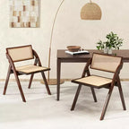 Costway Chaises de Salle à Manger Pliantes Lot de 2/4 avec Dossier et Assise en Rotin Tressé, Cadre en Bois d'Hévéa Marron