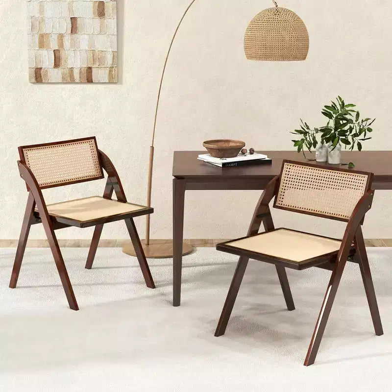 Costway Chaises de Salle à Manger Pliantes Lot de 2/4 avec Dossier et Assise en Rotin Tressé, Cadre en Bois d'Hévéa Marron
