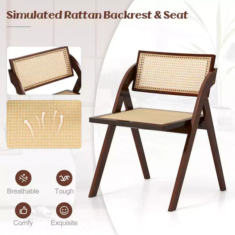 Costway Chaises de Salle à Manger Pliantes Lot de 2/4 avec Dossier et Assise en Rotin Tressé, Cadre en Bois d'Hévéa Marron