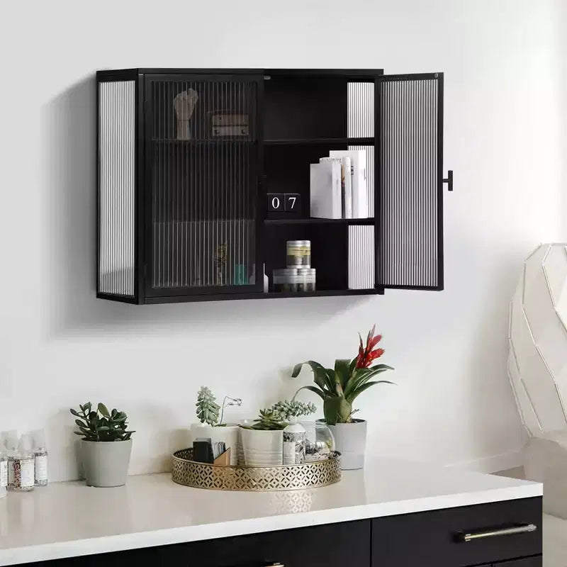 Meuble mural de salle de bain avec étagères amovibles, armoire de rangement murale à double porte vitrée, buffet de cuisine pour salle de bain et cuisine