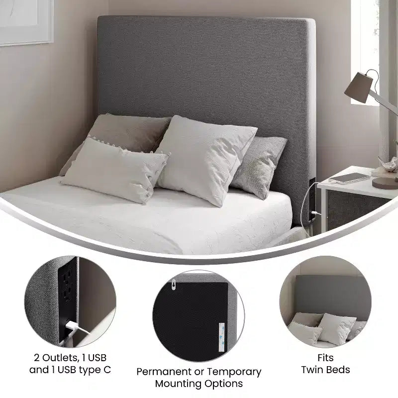 Tête de lit Merrick Lane en faux lin avec revêtement élégant, double option de suspension, station de charge avec 2 prises, port USB, port USB-C