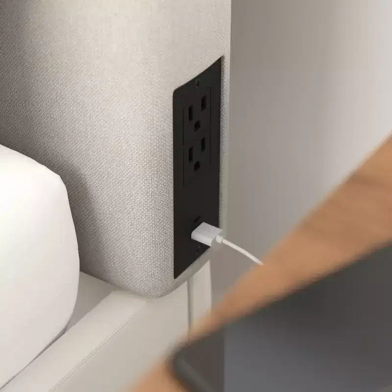 Tête de lit Merrick Lane en faux lin avec revêtement élégant, double option de suspension, station de charge avec 2 prises, port USB, port USB-C