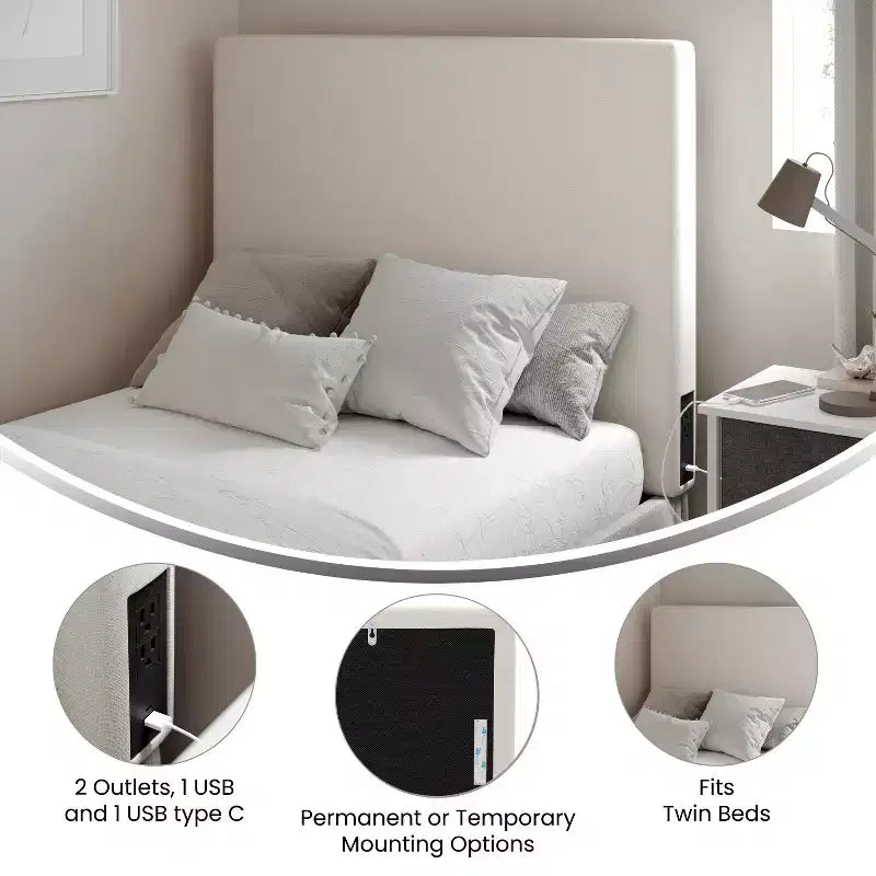 Tête de lit Merrick Lane en faux lin avec revêtement élégant, double option de suspension, station de charge avec 2 prises, port USB, port USB-C