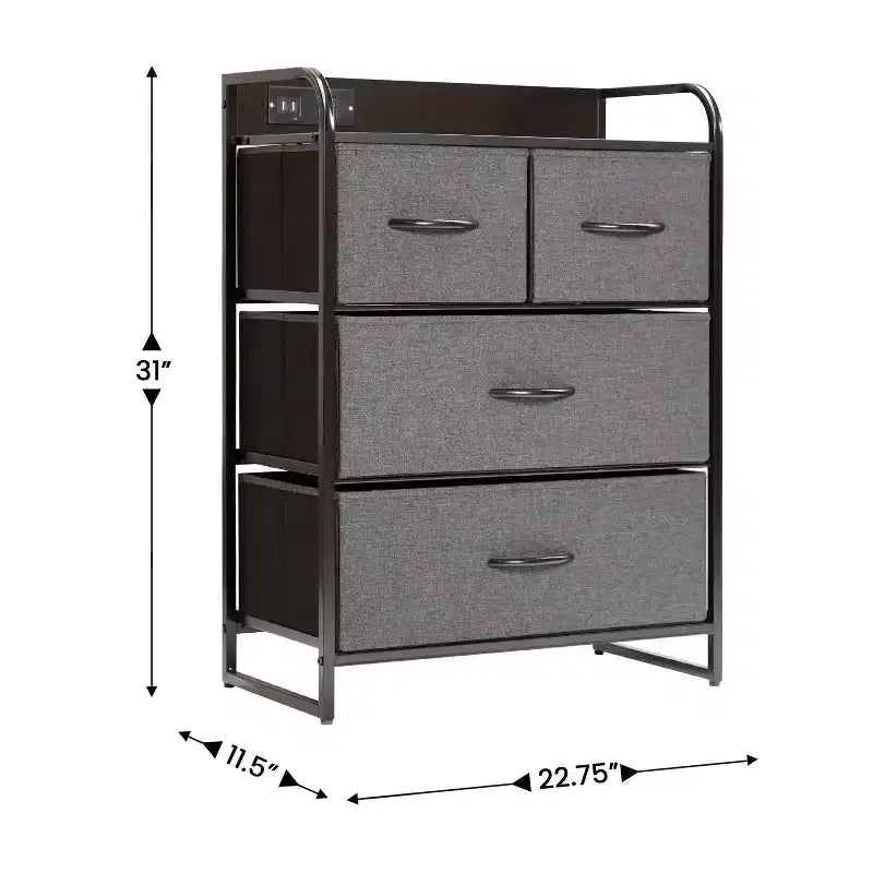 Table de chevet Emma et Oliver avec 4 tiroirs en tissu, station de charge avec 2 ports USB/prise de courant, dessus en bois composite, poignées en bois, cadre en métal