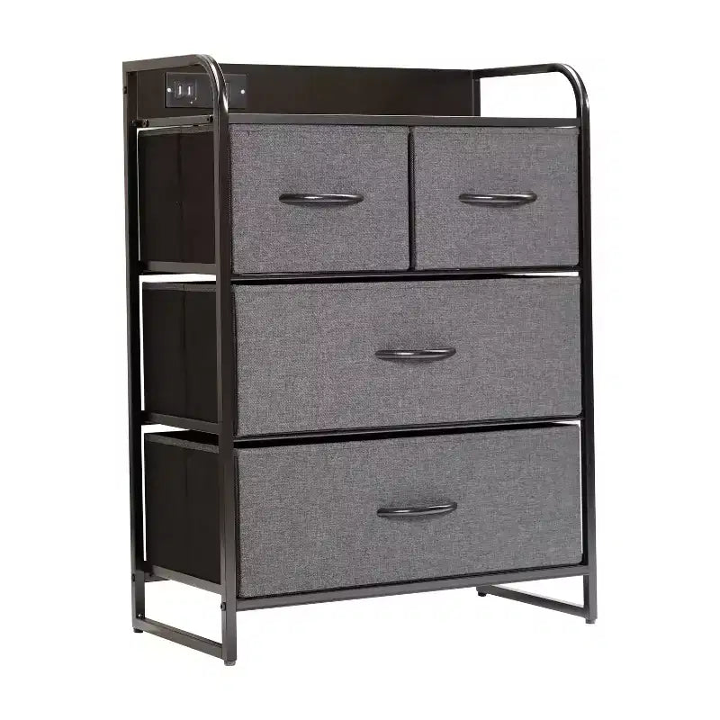 Table de chevet Emma et Oliver avec 4 tiroirs en tissu, station de charge avec 2 ports USB/prise de courant, dessus en bois composite, poignées en bois, cadre en métal