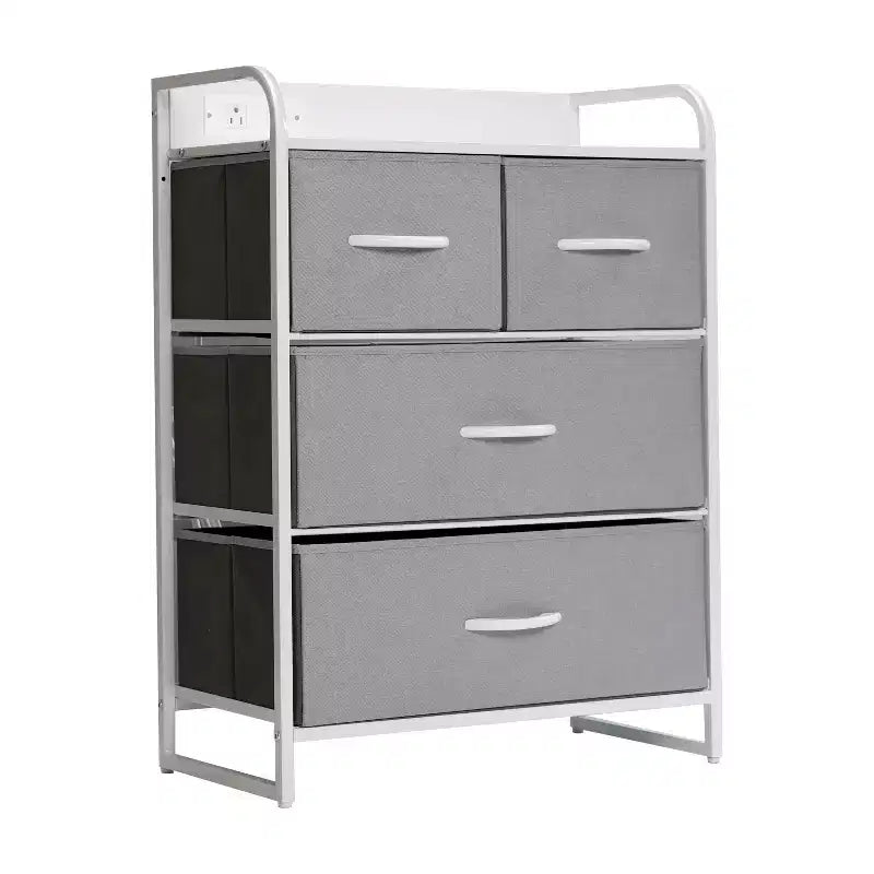 Emma and Oliver Nightstand with 4 Fabric Drawers, Charging Station with 2 USB Ports/Power Outlet, Engineered Wood Top, Wood Handles, Metal Frame