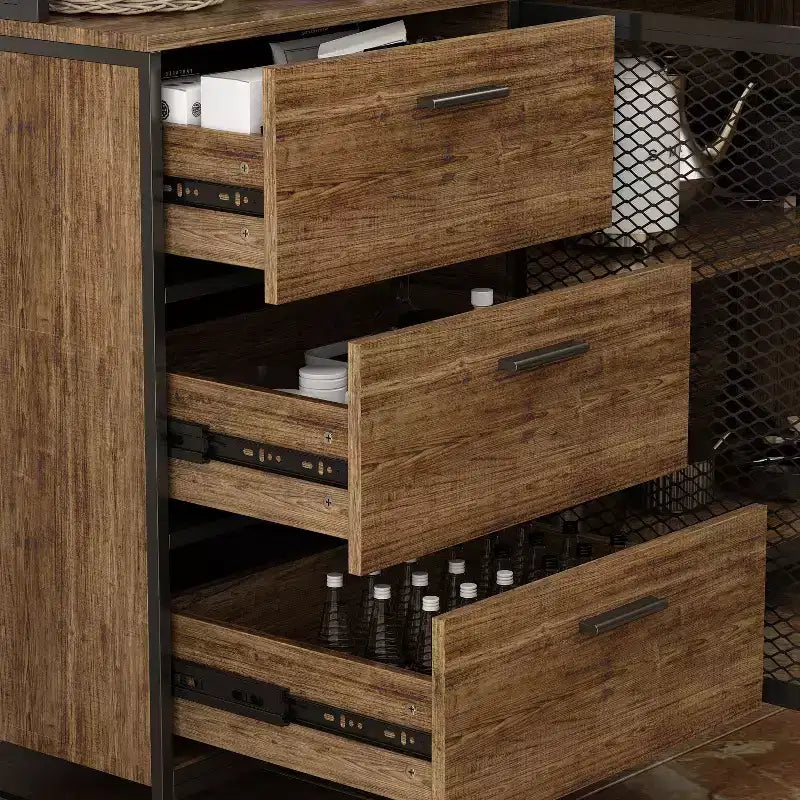 Famapy Buffet de cuisine en bois de 150 cm avec portes métalliques, 3 tiroirs et étagères pour salle à manger