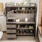 Famapy Buffet de cuisine en bois de 150 cm avec portes métalliques, 3 tiroirs et étagères pour salle à manger