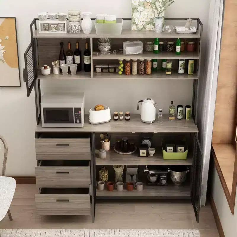 Famapy Buffet de cuisine en bois de 150 cm avec portes métalliques, 3 tiroirs et étagères pour salle à manger