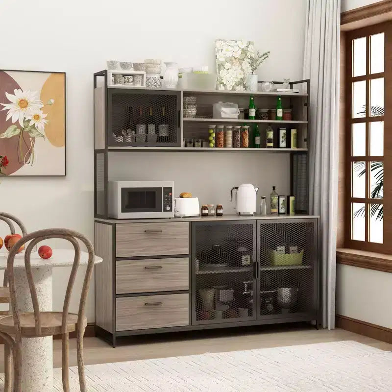 Famapy Buffet de cuisine en bois de 150 cm avec portes métalliques, 3 tiroirs et étagères pour salle à manger