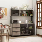 Famapy Buffet de cuisine en bois de 150 cm avec portes métalliques, 3 tiroirs et étagères pour salle à manger