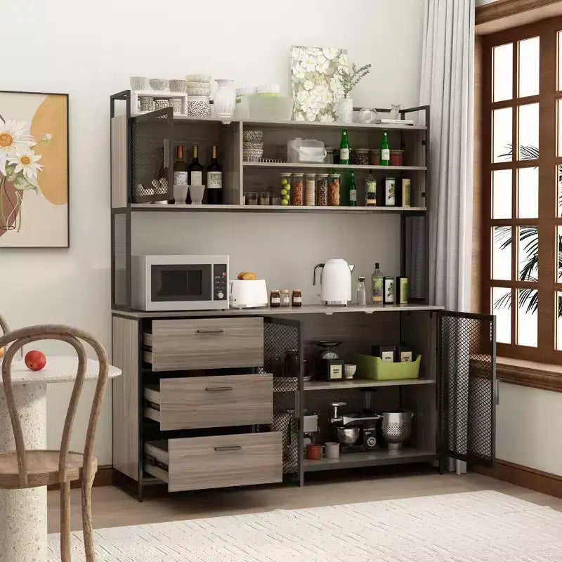 Famapy Buffet de cuisine en bois de 150 cm avec portes métalliques, 3 tiroirs et étagères pour salle à manger