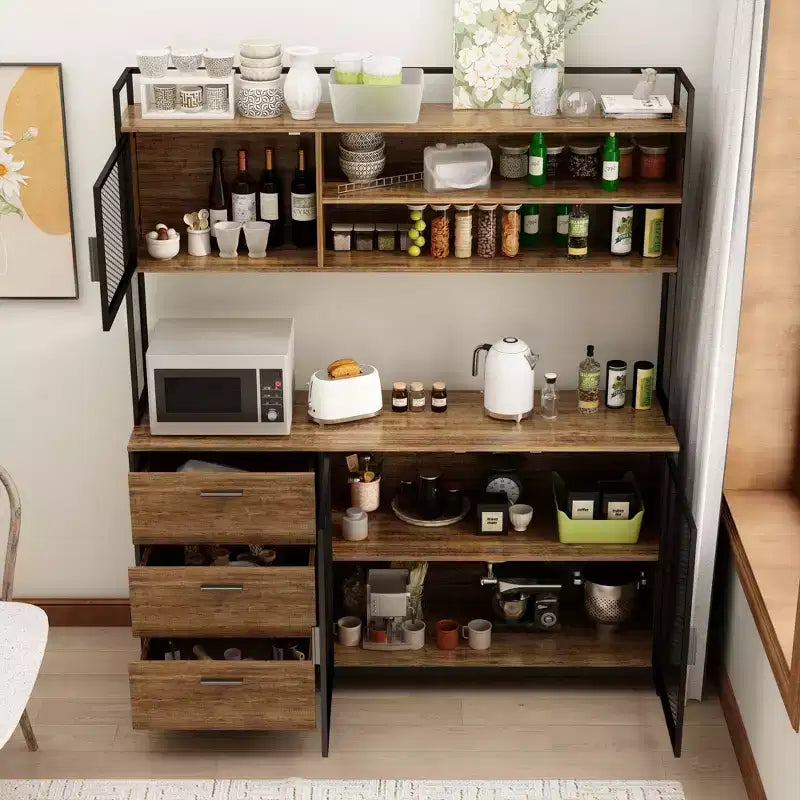 Famapy Buffet de cuisine en bois de 150 cm avec portes métalliques, 3 tiroirs et étagères pour salle à manger