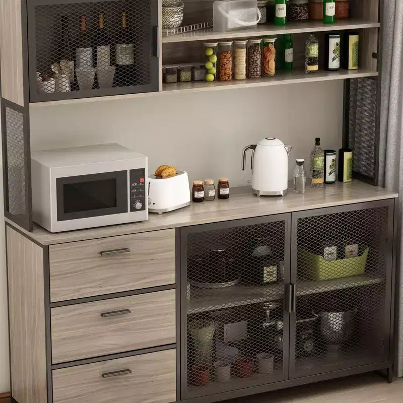 Famapy Buffet de cuisine en bois de 150 cm avec portes métalliques, 3 tiroirs et étagères pour salle à manger