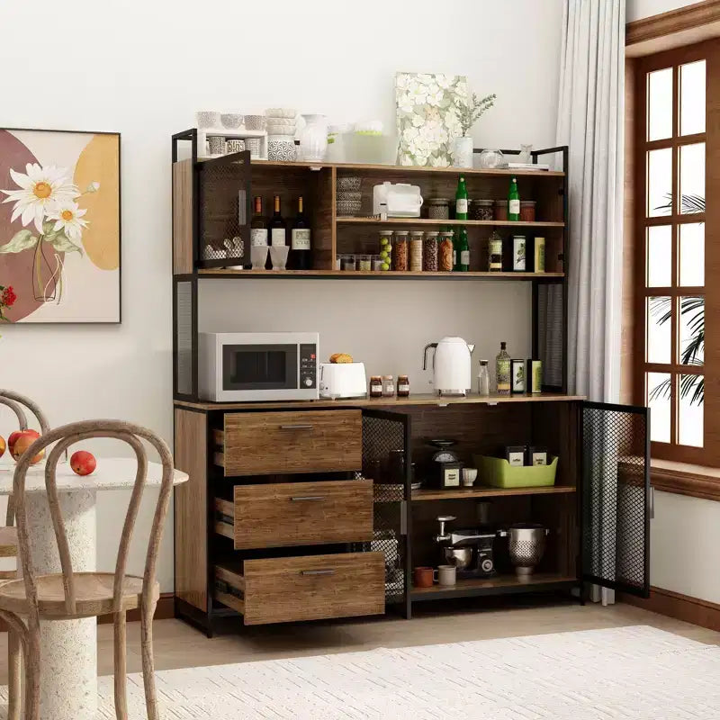 Famapy Buffet de cuisine en bois de 150 cm avec portes métalliques, 3 tiroirs et étagères pour salle à manger