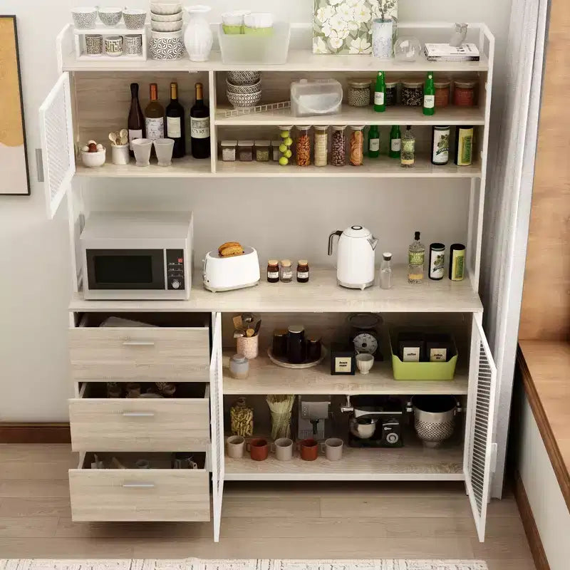 Famapy Buffet de cuisine en bois de 150 cm avec portes métalliques, 3 tiroirs et étagères pour salle à manger