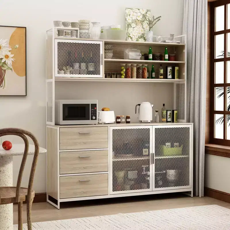 Famapy Buffet de cuisine en bois de 150 cm avec portes métalliques, 3 tiroirs et étagères pour salle à manger