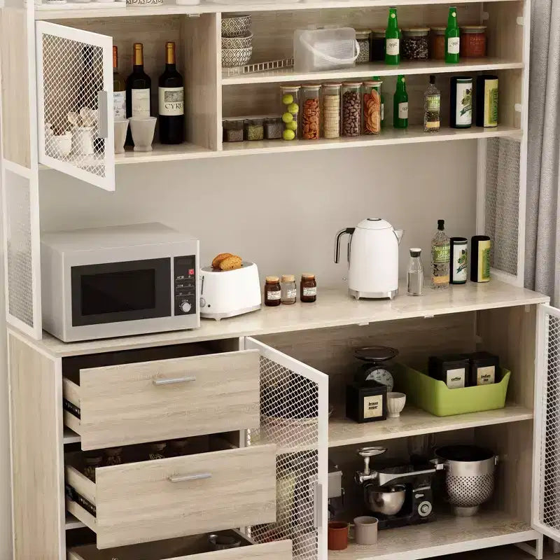 Famapy Buffet de cuisine en bois de 150 cm avec portes métalliques, 3 tiroirs et étagères pour salle à manger