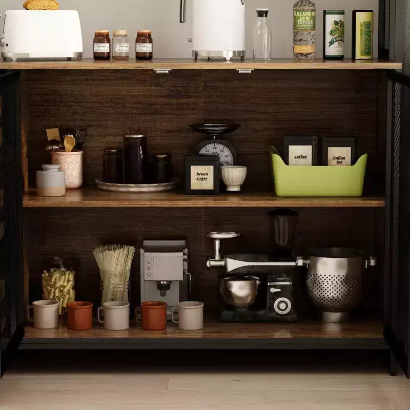 Famapy Buffet de cuisine en bois de 150 cm avec portes métalliques, 3 tiroirs et étagères pour salle à manger
