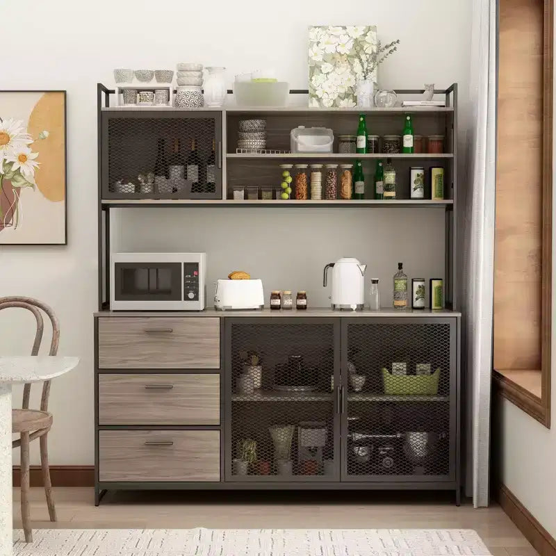 Famapy Buffet de cuisine en bois de 150 cm avec portes métalliques, 3 tiroirs et étagères pour salle à manger