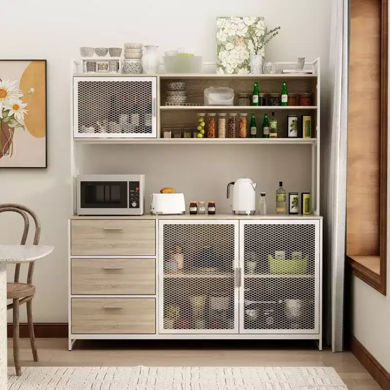 Famapy Buffet de cuisine en bois de 150 cm avec portes métalliques, 3 tiroirs et étagères pour salle à manger