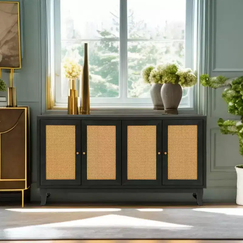 Buffet en rotin, Armoire de rangement d'appoint avec portes en rotin, Buffet de rangement autoportant pour entrée, salon ou couloir