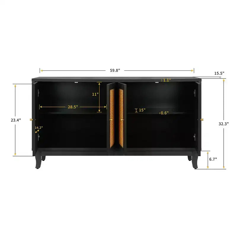 Buffet en rotin, Armoire de rangement d'appoint avec portes en rotin, Buffet de rangement autoportant pour entrée, salon ou couloir