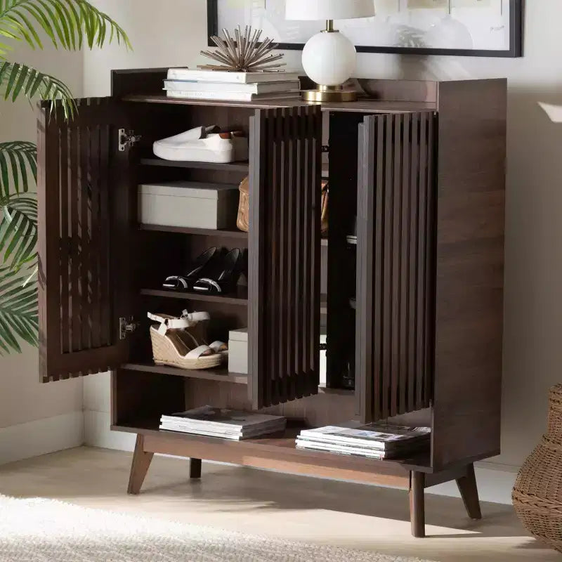 Meuble à chaussures en bois, finition noyer, style moderne Mid-Century, Baxton Studio Delaire