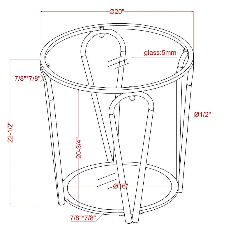 Table d'appoint à plateau en verre 1 étagère de 20 pouces